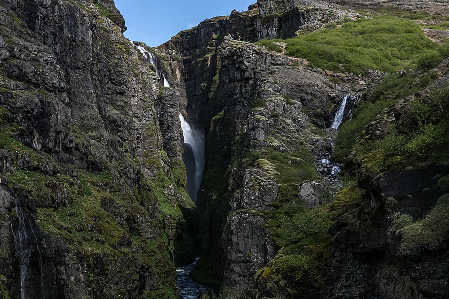Waterfalls, cliff, daylight, environment, flow, grass, landscape HD wallpaper