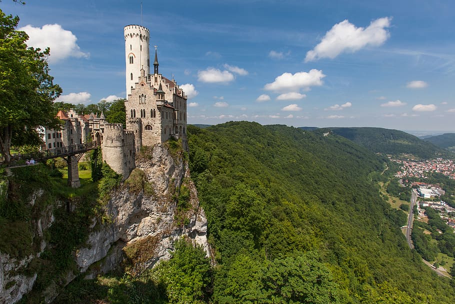 mountains, sky, landscape, castle, panorama, rock, tourism HD wallpaper