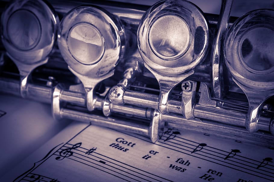 Silver Flute, chrome, classic, close-up, music, music notations HD wallpaper