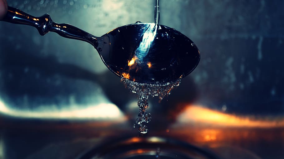 ladle, handle, utensil, drop, running water, faucet, sink, dark HD wallpaper