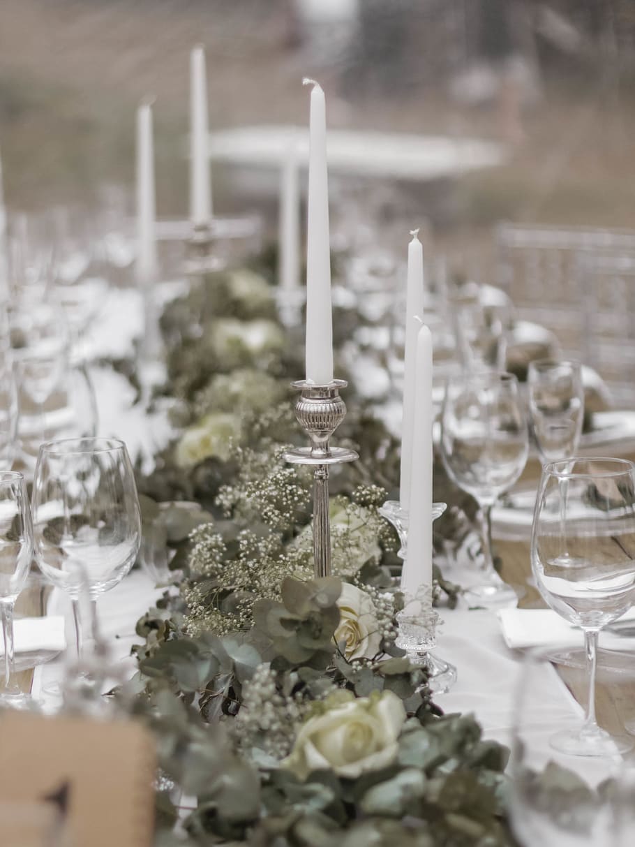 white candle, table, glass, selective focus, no people, wineglass HD wallpaper