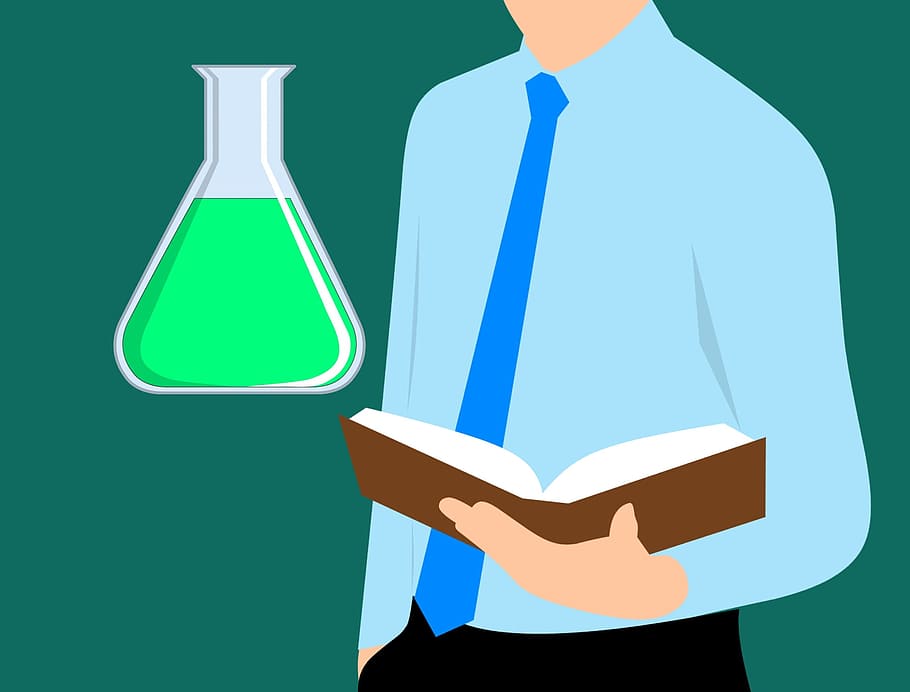 Man with open textbook and Erlenmeyer flask. Science illustration., HD wallpaper
