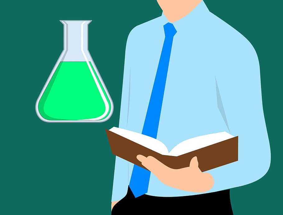 Man with open textbook and Erlenmeyer flask. Science illustration.