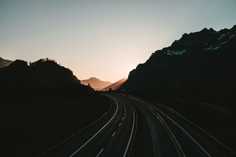 empty road during golden hour, sky, sunset, rail transportation HD wallpaper