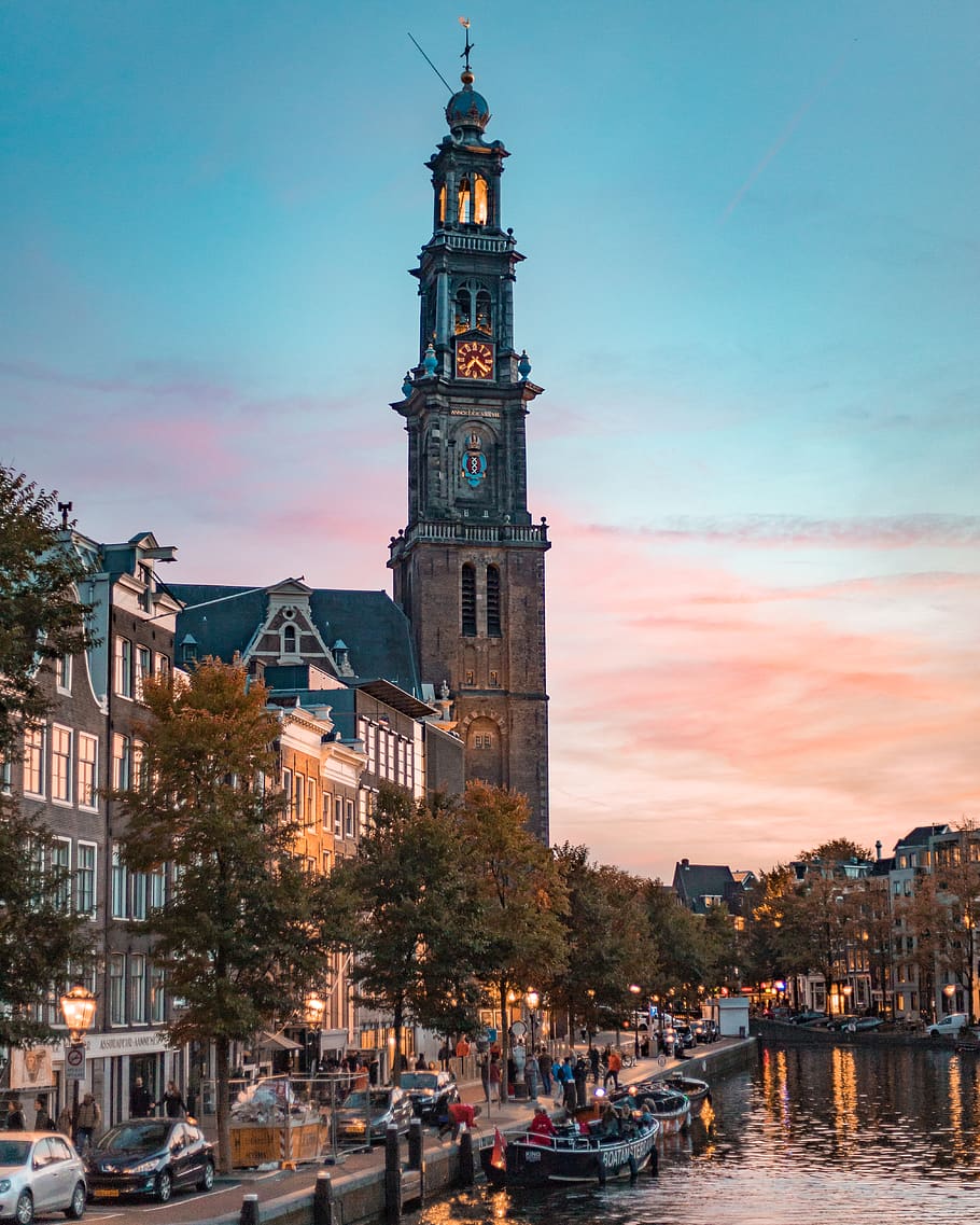 brown clock tower under golden sky, architecture, building exterior HD wallpaper