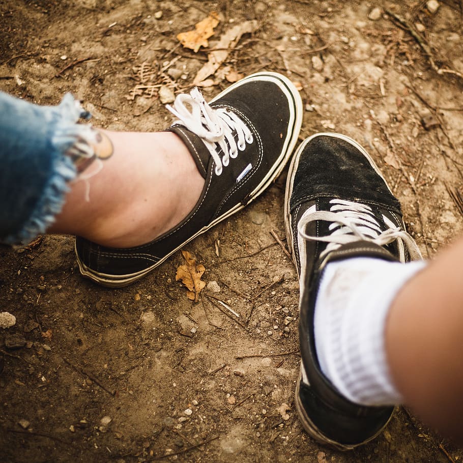 two person wearing black and white low-top sneakers, footwear, HD wallpaper