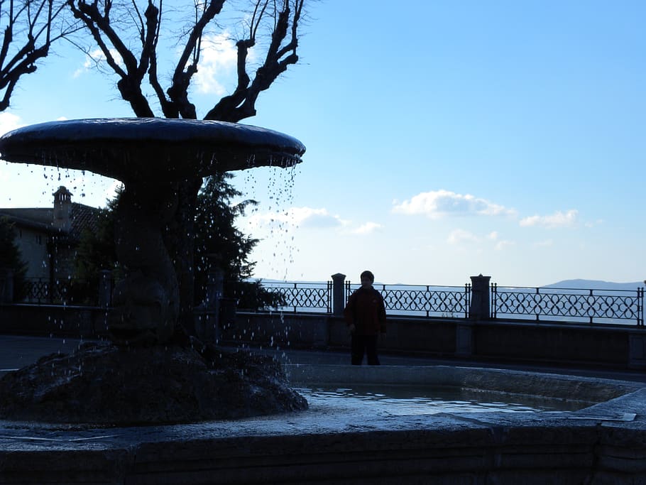 water, human, person, fountain, tree, plant, outdoors, silhouette