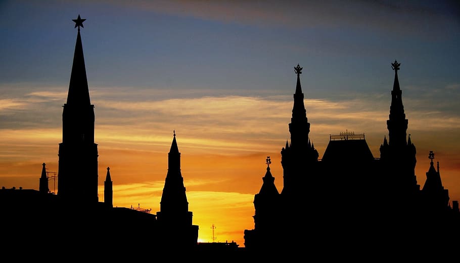 Silhouette of Structures during Sunset, building, clouds, dawn HD wallpaper
