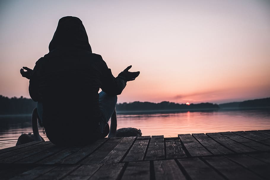 person sitting on dock, human, people, poland, silhouette, scenery HD wallpaper