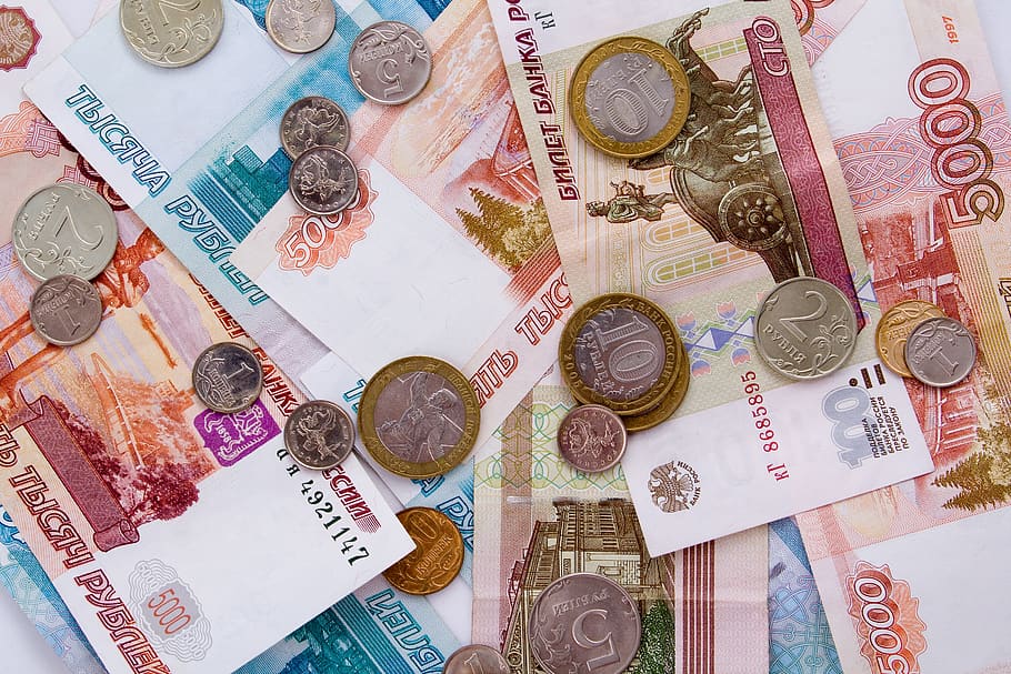 ruble, money, russia, coins, currency, bills, russian, background