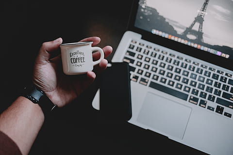 White Ceramic Cup, arm, coffee cup, connection, cute, desk, digital nomad HD wallpaper