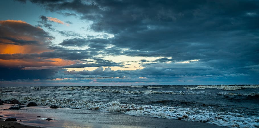 Photo of Seascape, beach, clouds, dawn, dusk, horizon, ocean HD wallpaper