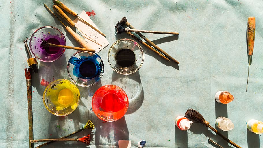 paints, brushes, colors, still life, multi colored, no people HD wallpaper