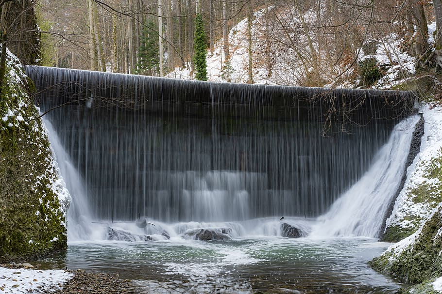waterfall between trees covered with snow, motion, plant, nature HD wallpaper