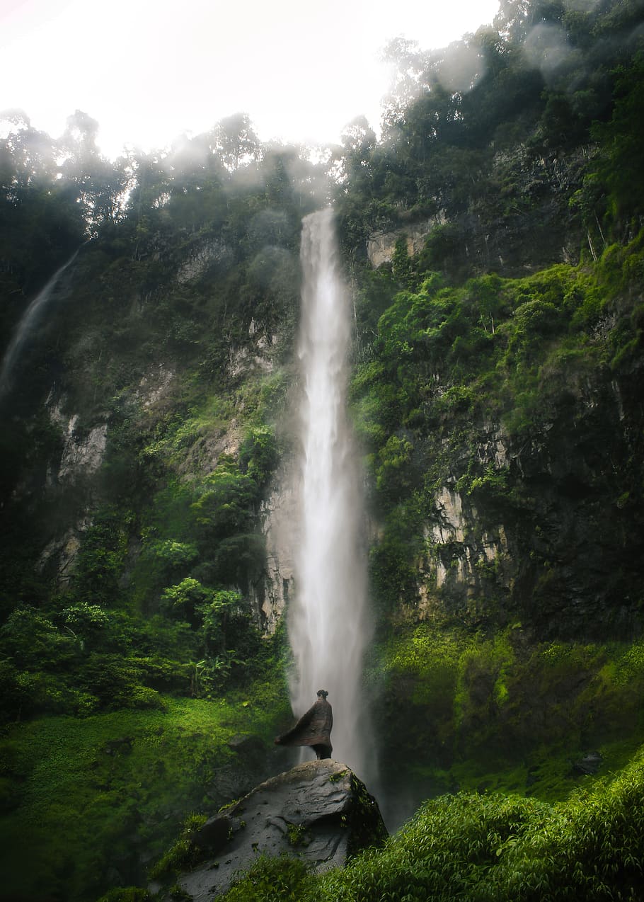 green, waterfall, waterfalls, folk, scenary, landscape, westjava HD wallpaper