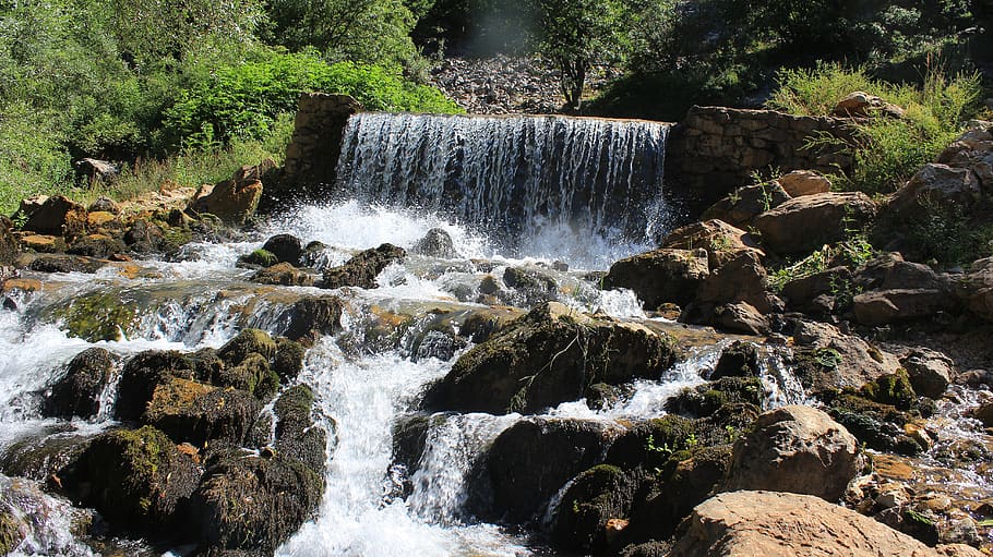 waterfall, green, forest, nature, landscape, stone, cascade HD wallpaper