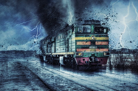 train, wreckage, disaster, storm, tornado, lightening, bad weather HD wallpaper