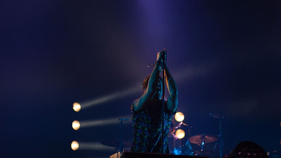 people, man, stage, light, dark, night, concert, performance HD wallpaper