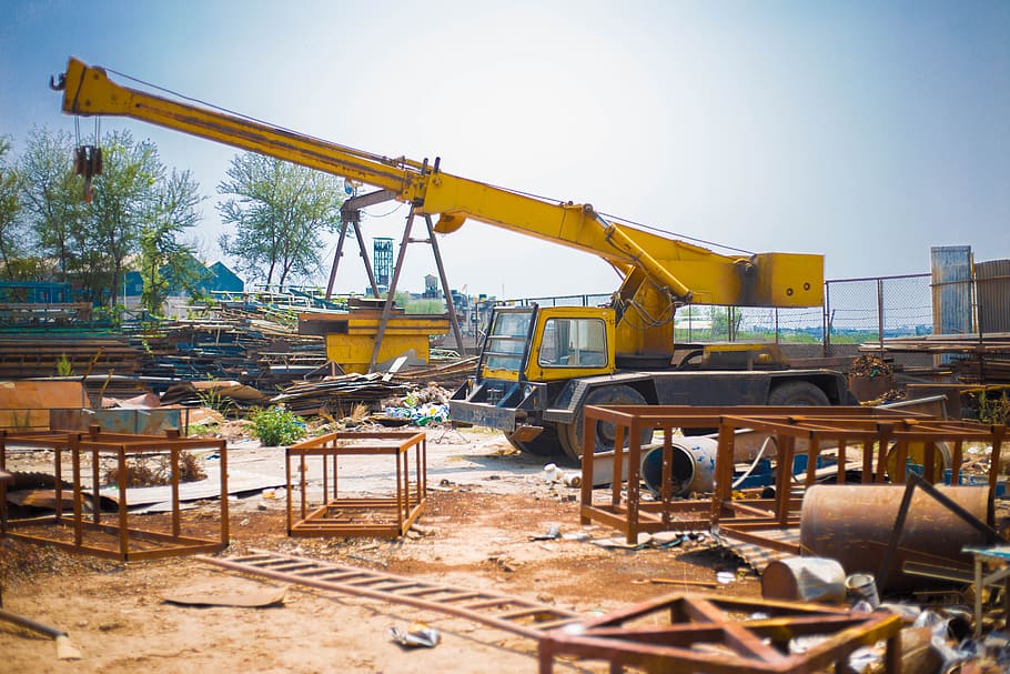waste, trees, crane, rusty, scrapyard, industry, day, machinery HD wallpaper