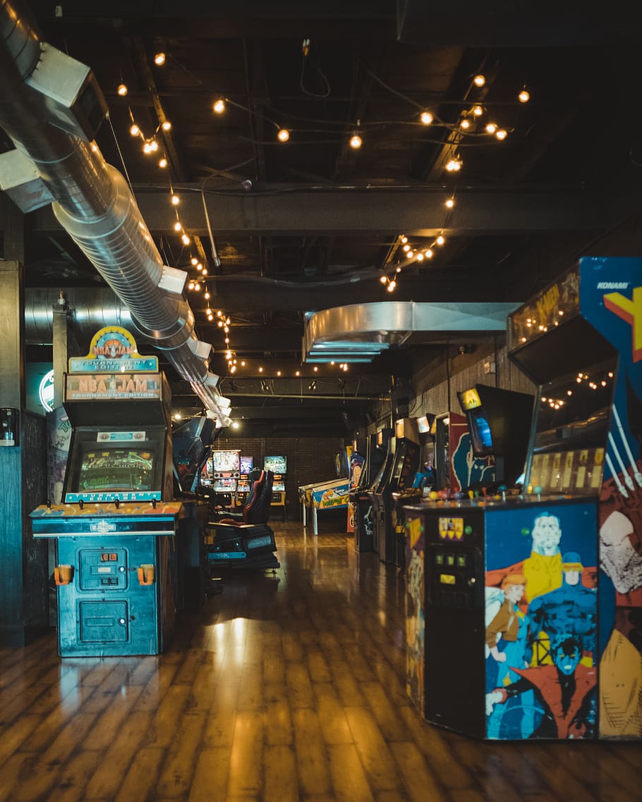 arcade machines lot, illuminated, lighting equipment, indoors HD wallpaper