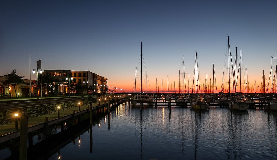 port, web, light, evening, houses, night, boats, ships, lamps HD wallpaper