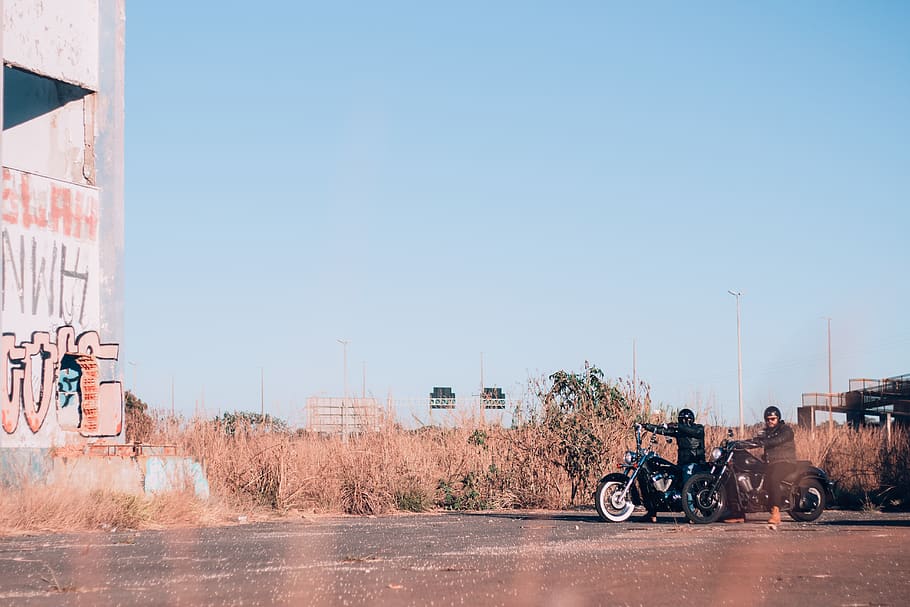 two black motorcycle on pavement, vehicle, transportation, sidecar HD wallpaper
