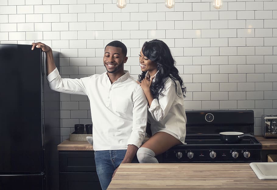 couple, smiling, kitchen, black, african americans, young, new