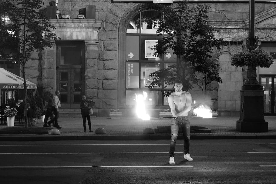 fire, fireshow, man, young, road, street, kyiv, night, ukraine, HD wallpaper