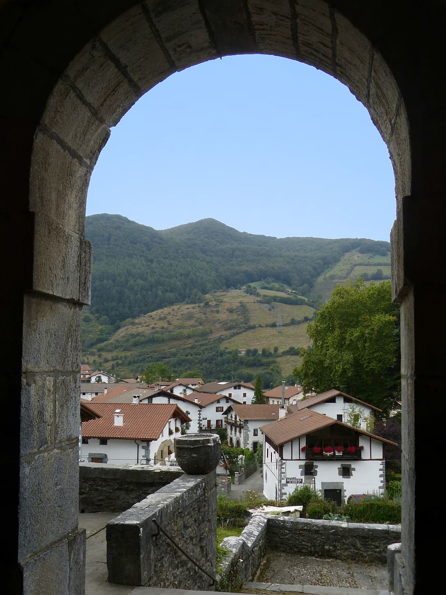 window, arc, landscape, view, leitza, navarre, architecture HD wallpaper