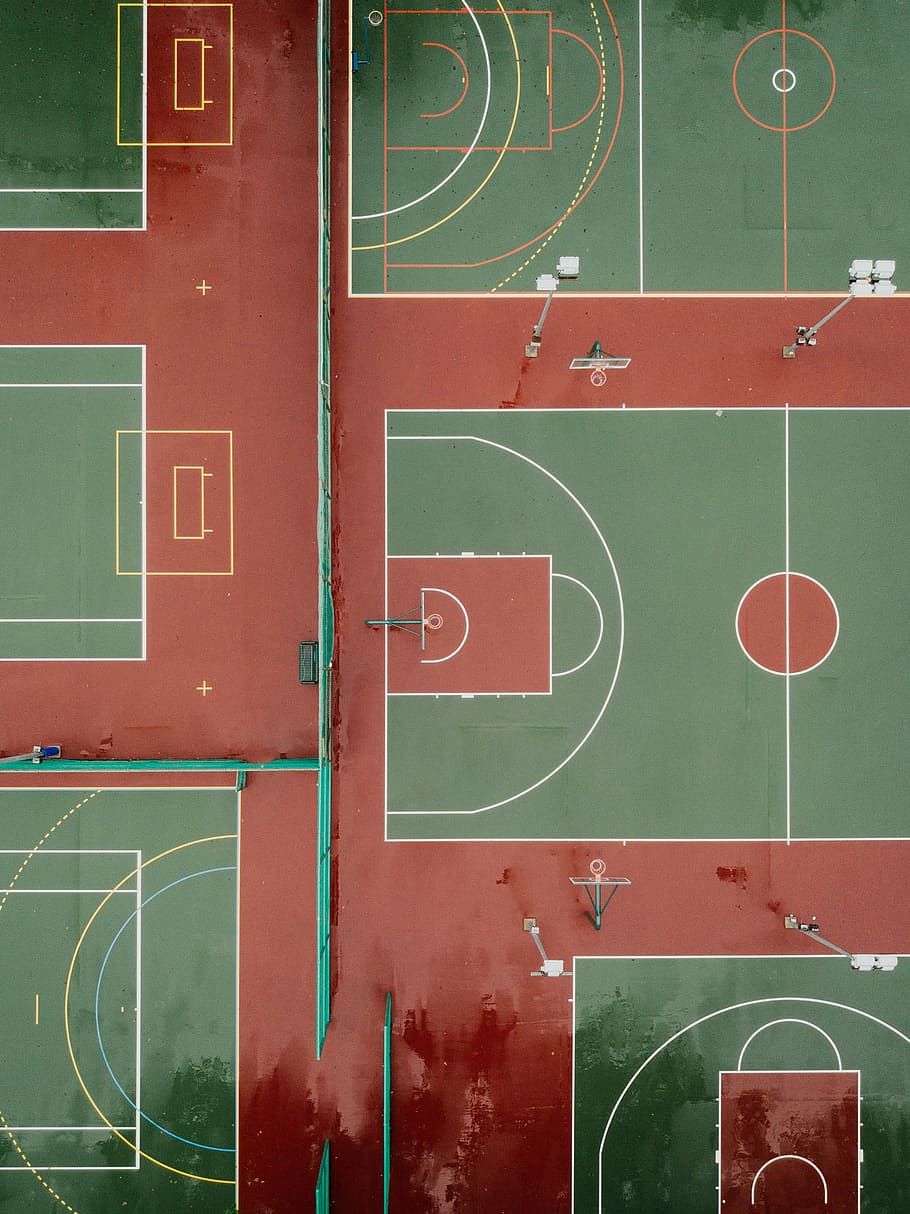 aerial photography of basketball court, football, soccer, tennis