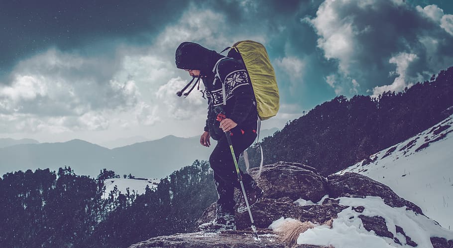 man, hiking, snow, mountain, hill, winter, cold, frozen, jacket HD wallpaper