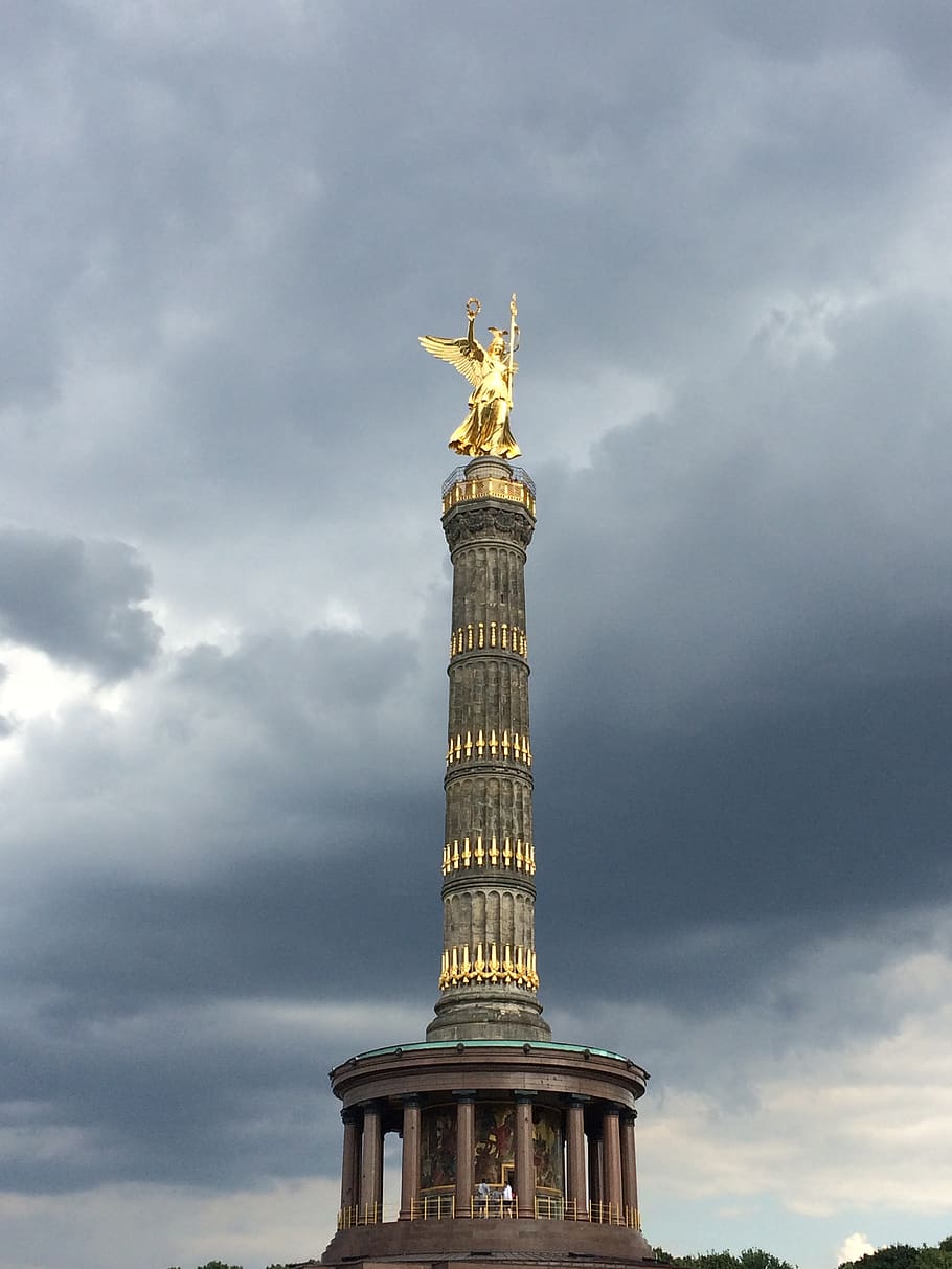 berlin, germany, gold, statue, sky, cloud - sky, architecture HD wallpaper