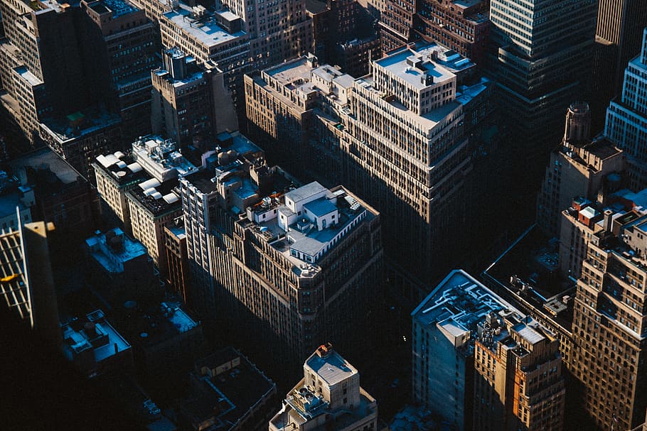 bird's-eye view of buildings, rooftop, aerial, city, urban, skyscraper