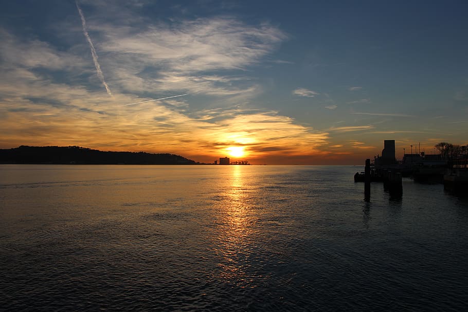 portugal, belém, sky, water, sunset, cloud - sky, scenics - nature HD wallpaper