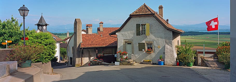 switzerland, burtigny, architecture, building exterior, flag HD wallpaper