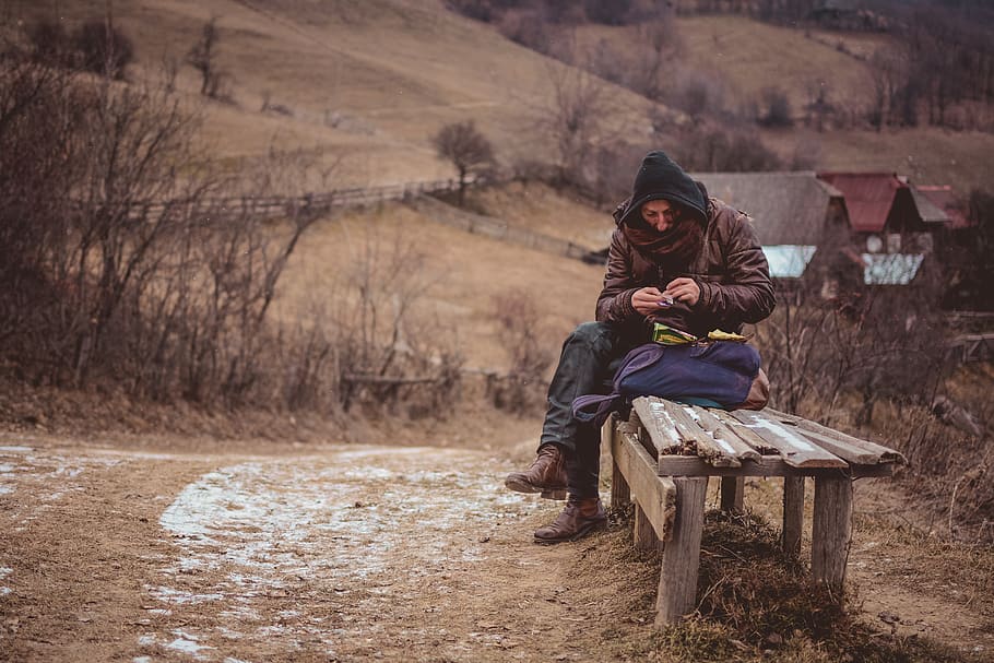 man sitting on bench, person, human, furniture, apparel, clothing HD wallpaper