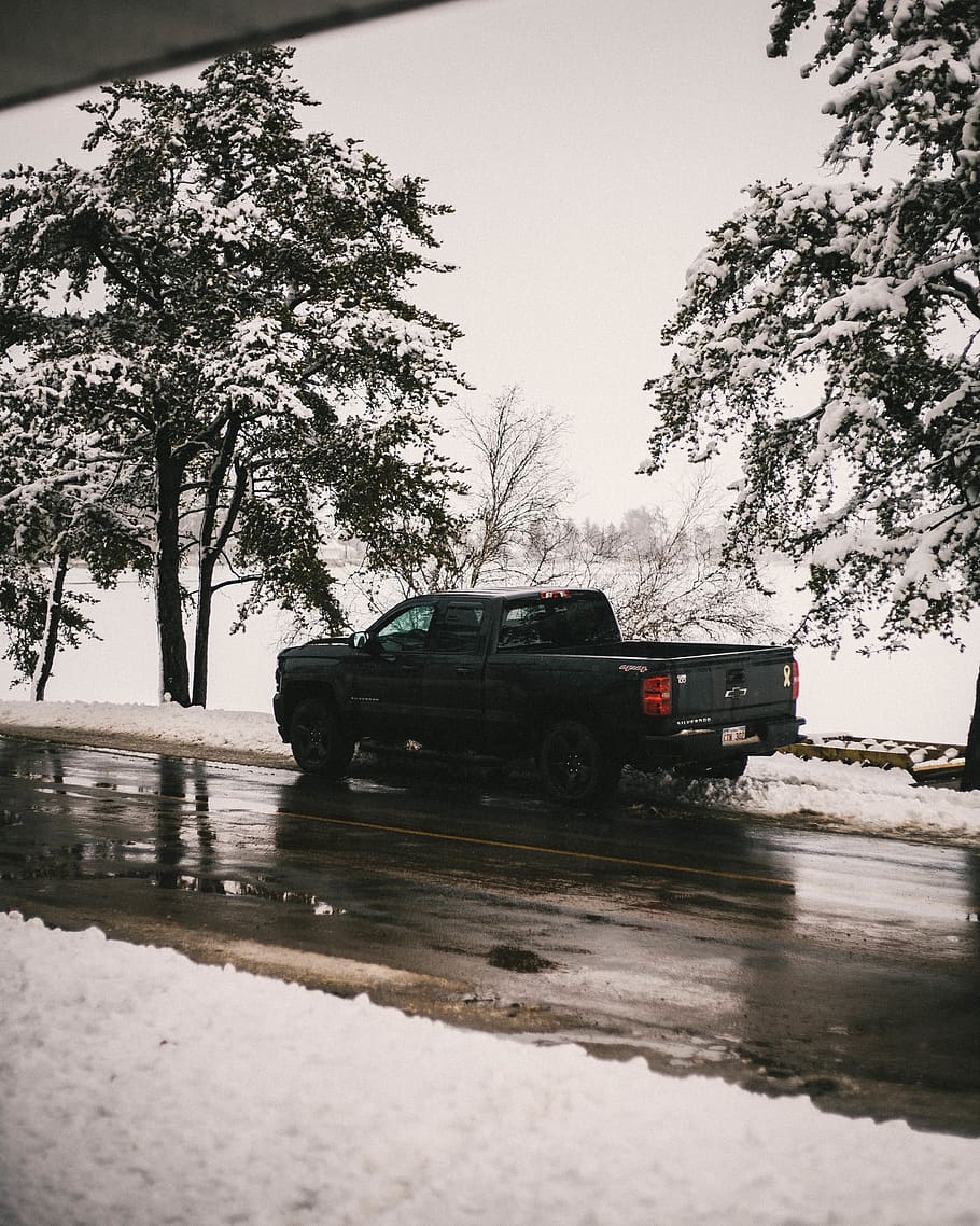 canada, new brunswick, river, forest, snow, trees, truck, rain HD wallpaper