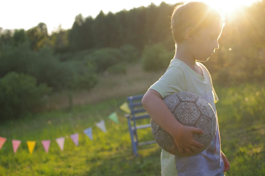 boy, son, child, play, summer, sun, countryside, football, childhood HD wallpaper