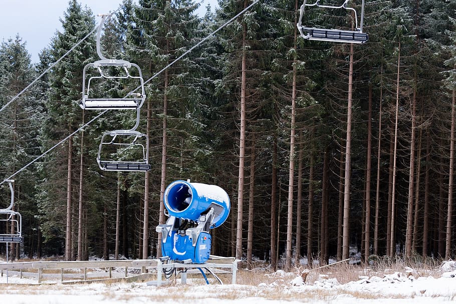 mountains, view, skiing, snow cannon, landscape, sky, ski run HD wallpaper