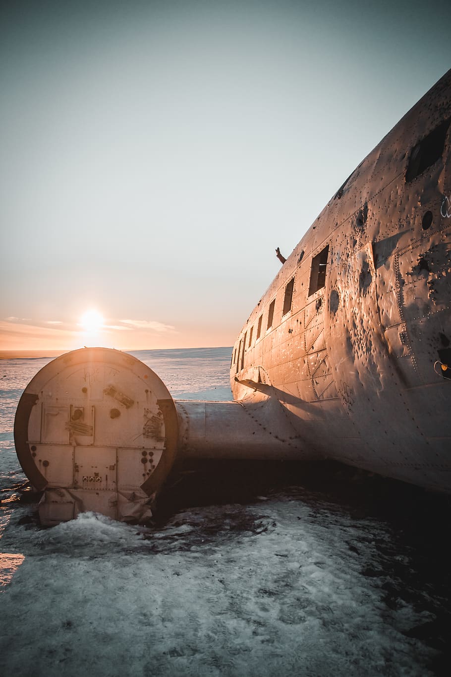 wrecked airplane, trip, sunset, iceland, snow, beach, dc3, sky HD wallpaper