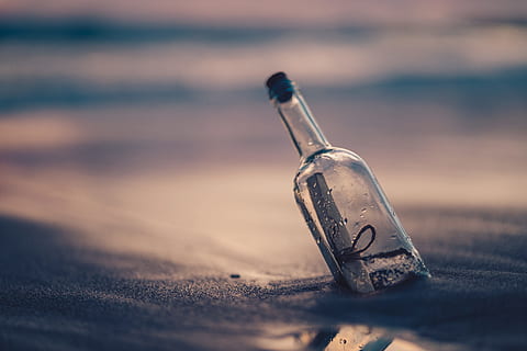 clear glass bottle on sand, beach, coast, shore, message, adventure HD wallpaper
