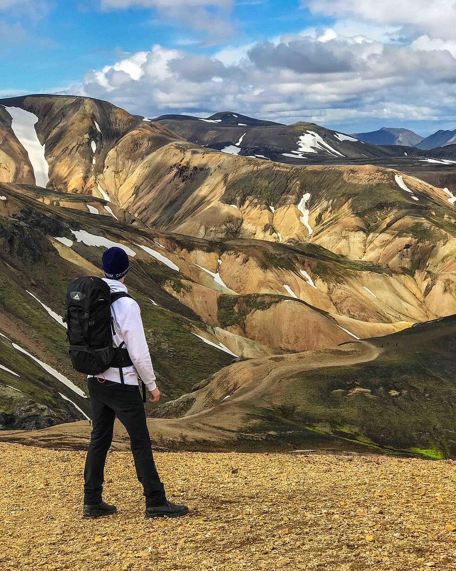 landmannalaugar, view, mountain, backpack, hiking, snow, one person HD wallpaper
