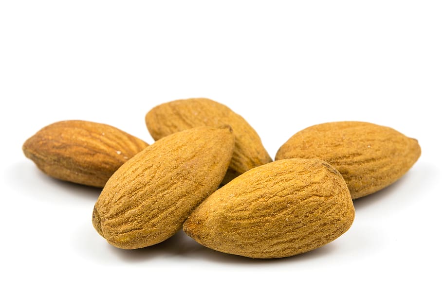 almonds, nuts, white background, full frame, eating, nutritionist HD wallpaper