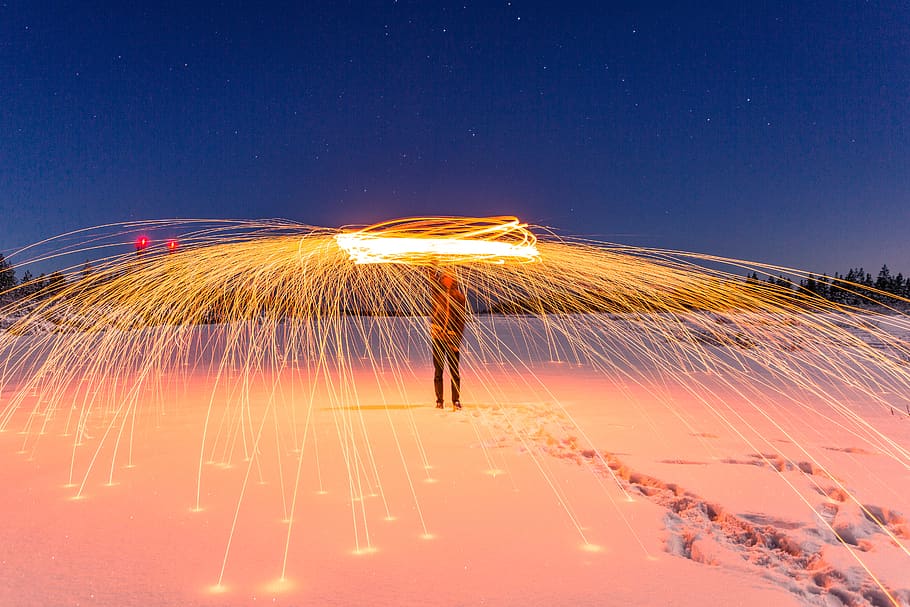 people, man, fire, dance, long exposure, spark, snow, footprints HD wallpaper