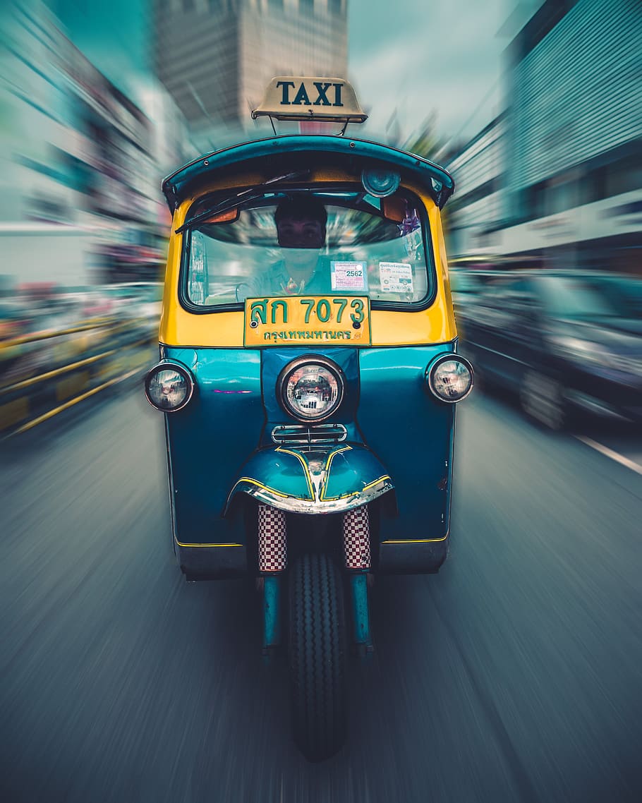 teal and yellow auto rickshaw, motion, mode of transportation HD wallpaper