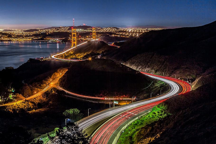 dark, night, lights, mountain, highland, road, city, buildings HD wallpaper