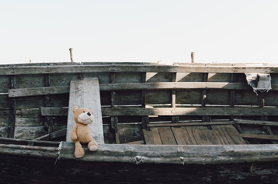 brown bear on boat, sky, architecture, clear sky, built structure HD wallpaper