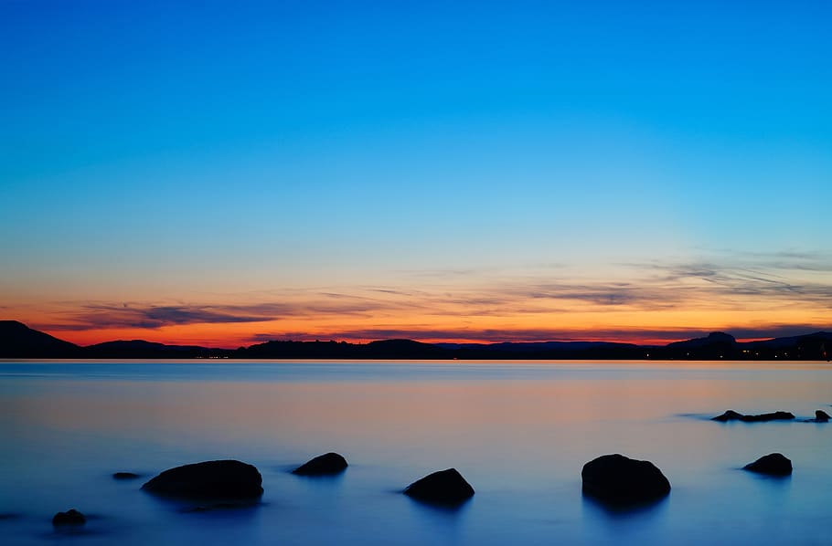 stones, water, nature, lake constance, sunset, clouds, afterglow, HD wallpaper