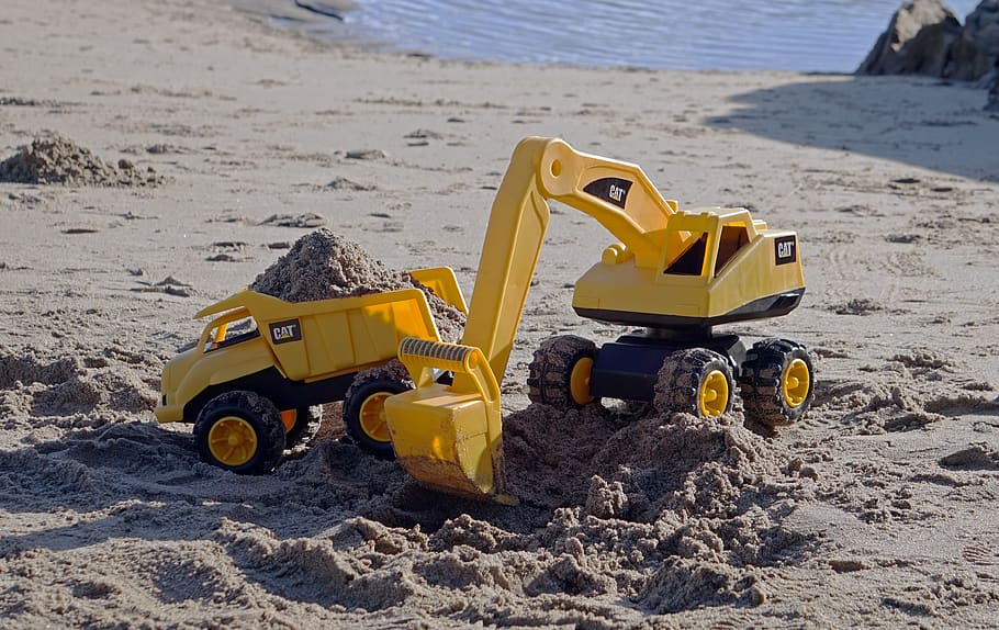 yellow, land, beach, bulldozer, sand, construction machinery HD wallpaper