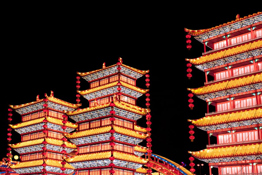 red and orange building structures, night, illuminated, building exterior HD wallpaper